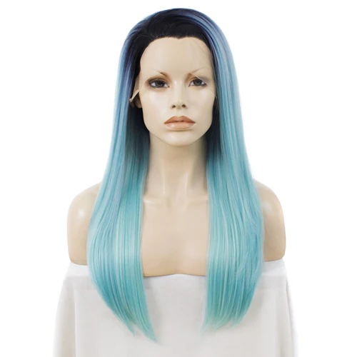 Premium Wig - Rooted Baby Blue Long Side Sweep Straight Lace Front Wig